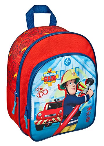 Sac à dos maternelle Sam le pompier bleu et rouge avec sa voiture de pompier