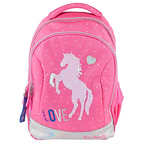 sac à dos cartable rose avec cheval en paillettes